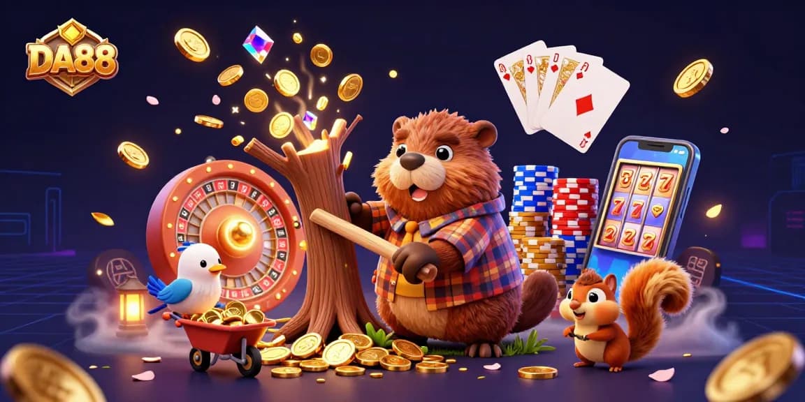 DA88 captures exciting casino moments with a vibrant 3D illustration of gaming adventures.