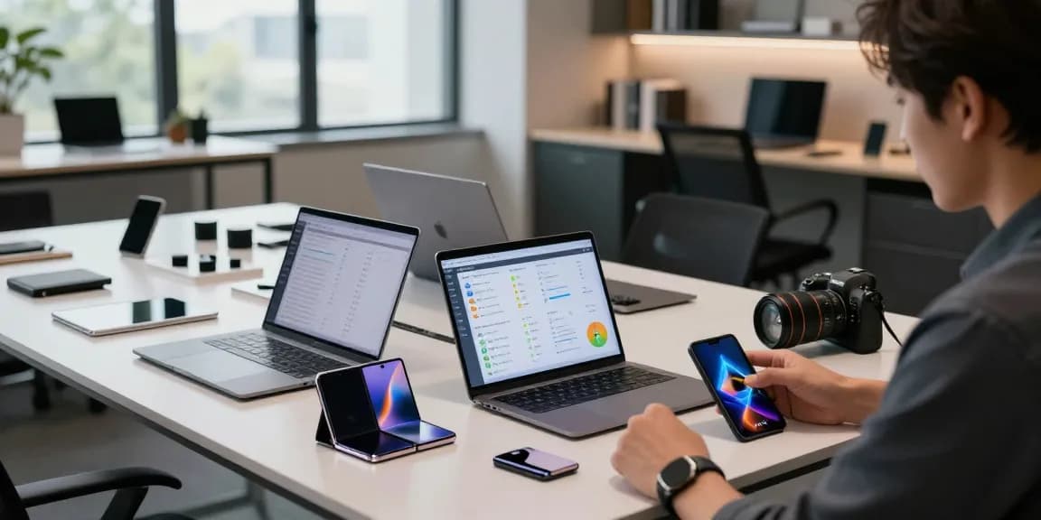Foldable phones 2026 being reviewed by a professional in a modern tech workspace, showcasing product innovation.