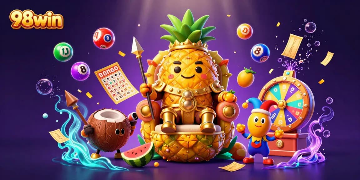 Experience vibrant gaming fun with 98win in this dynamic casino illustration full of colorful elements.
