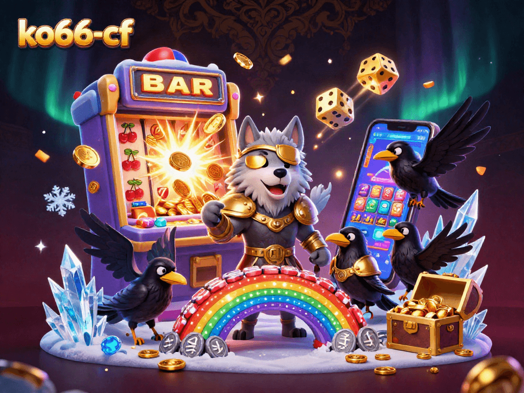 Spin the reels with the powerful ko66-cf illustration, featuring Norse characters in a casino setting.