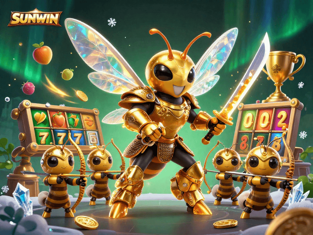 SUNWIN presents thrilling jackpot action with a golden hornet warrior and bee archers in a dynamic casino setting.