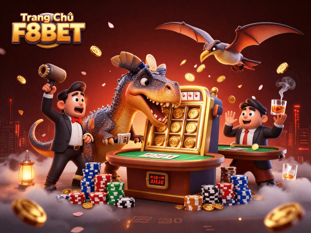Experience excitement at Trang Chủ F8BET with jackpot wins, as dinosaurs interact with casino elements.
