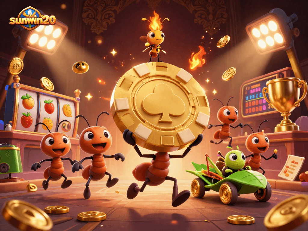 Experience an exciting heist in sunwin20 as cartoon ants take a golden poker chip through vivid slot game elements.
