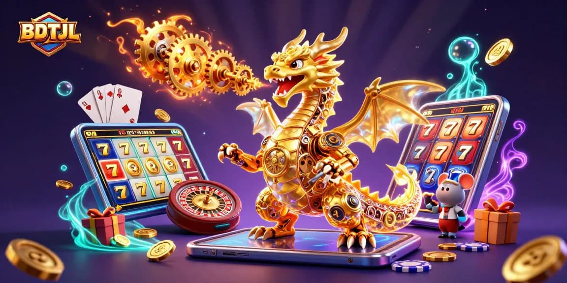 Experience thrilling gaming with BDTJL's golden dragon showcasing dynamic slot elements.