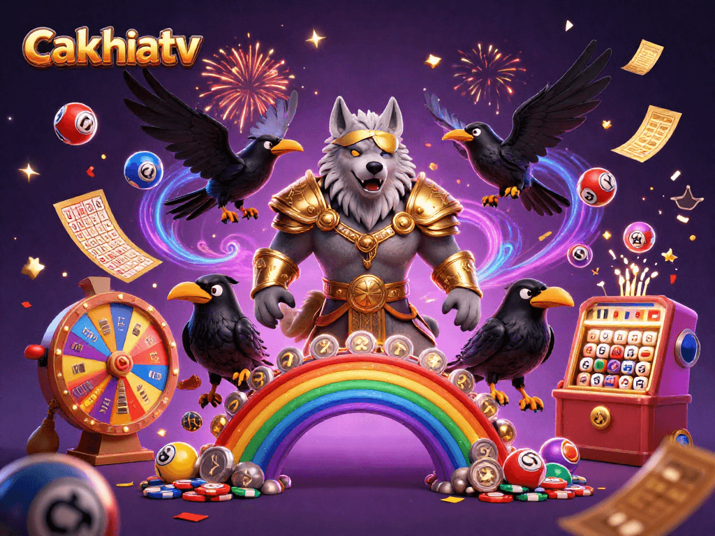 Cakhiatv showcases a vibrant Norse-themed lottery scene with dynamic elements and glowing casino chips.