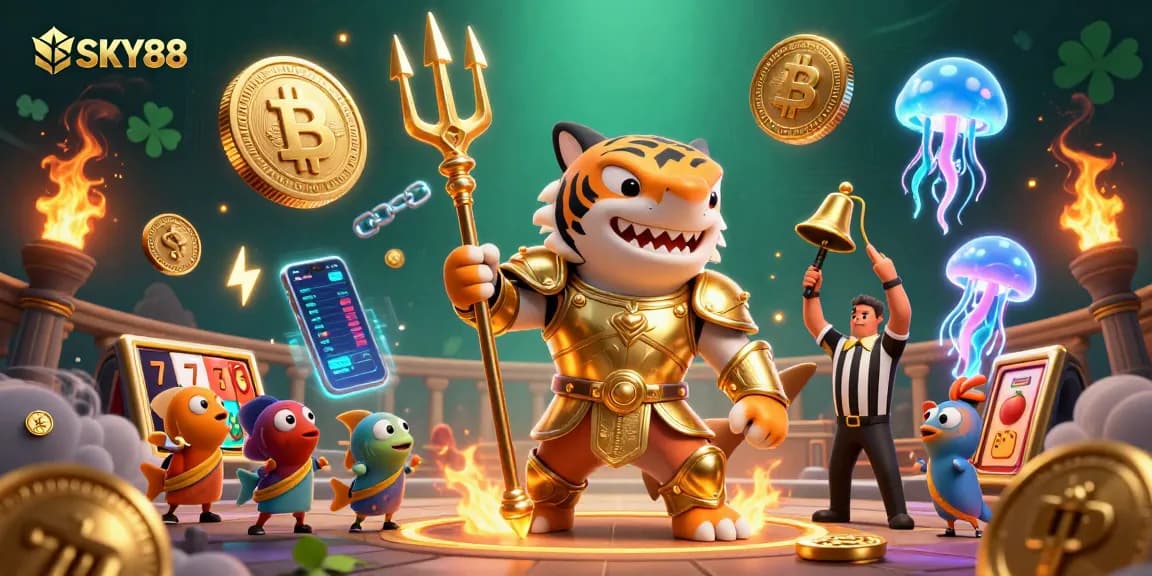 Engage with SKY88 in an exciting underwater casino scene featuring vibrant 3D characters and crypto elements.