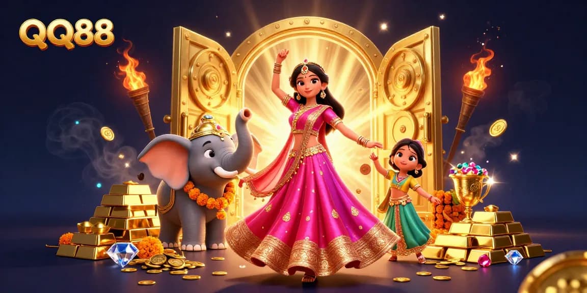 Experience elegant gaming with QQ88: a vibrant scene featuring a beautiful Asian dancer and treasures.