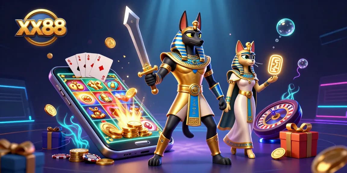 Experience gaming excitement at xx88 with a captivating illustration of Anubis and Bastet amidst vibrant casino elements.