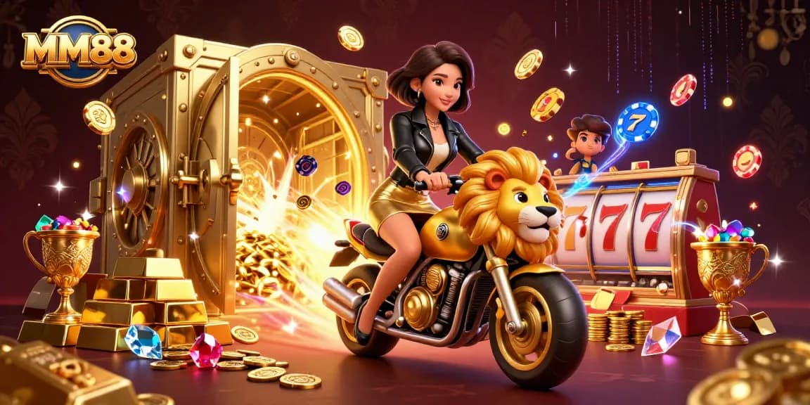 MM88 showcases a glamorous woman riding a golden lion amidst casino riches, fueling the excitement of online gambling.