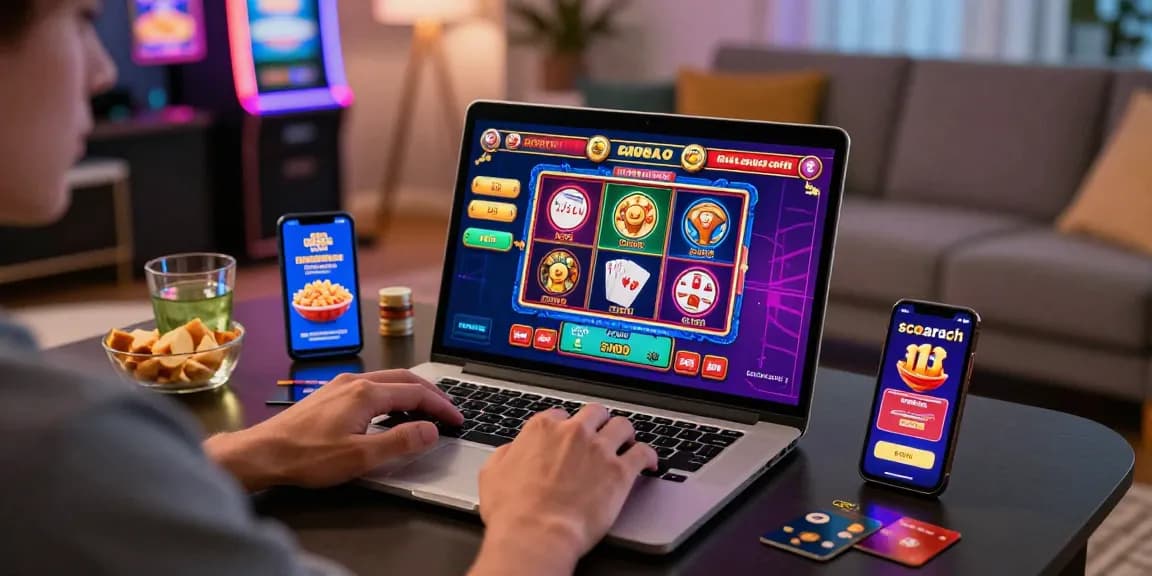 Player accessing credit card casinos at scoarch.org.uk in a lively home setting with gaming graphics and snacks.
