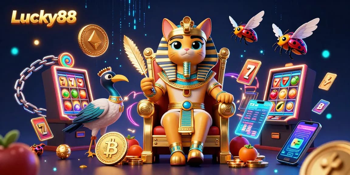 Spin the reels on Lucky88, featuring a regal pharaoh cat and glowing cryptocurrency coins in an energetic casino scene.