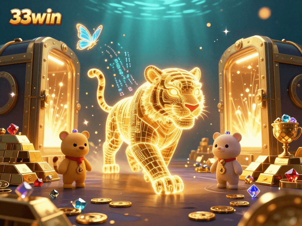 Experience the magic of 33win with this vibrant scene featuring a golden tiger in a digital casino.