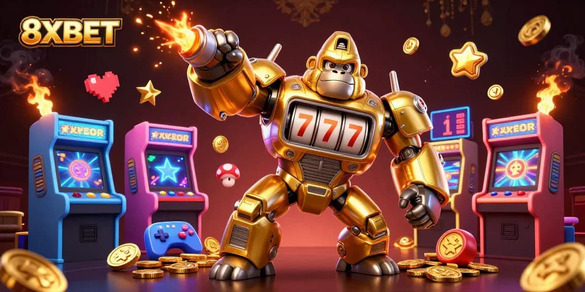 Engage with slot adventures at 8XBET through a dynamic gambling scene featuring a golden gorilla mech.