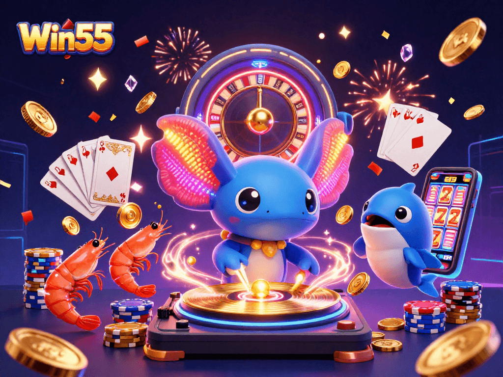Win55 Casino Fun: Neon axolotl DJ and lively shrimp create a festive gaming atmosphere.