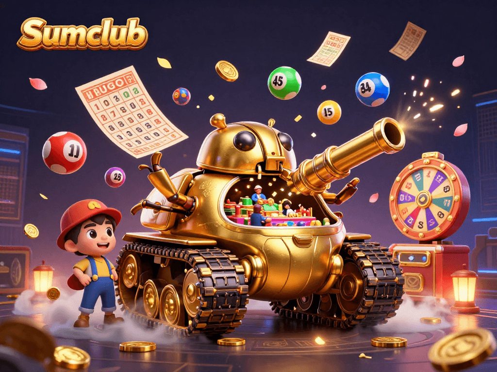 Experience fun gaming at Sumclub with vibrant lottery elements and a mini casino inside a golden beetle tank.
