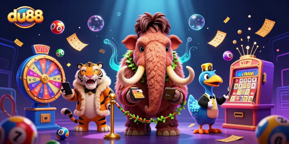 Experience the du88 casino scene with vibrant lottery elements and playful characters in a rich environment.
