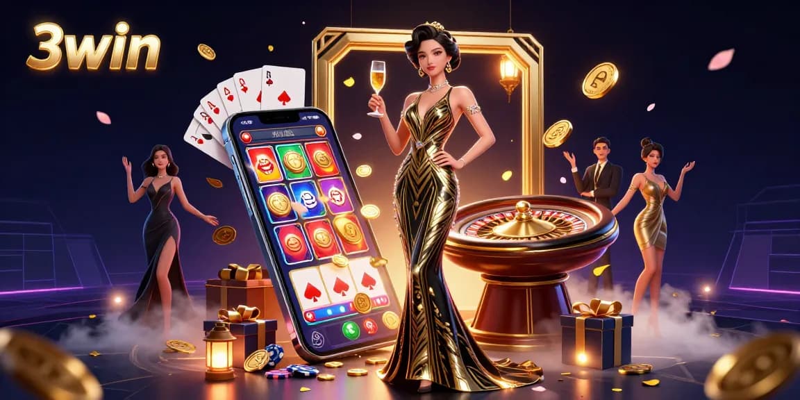 Spin the reels with 3win's glamorous casino scene featuring vibrant characters and rich casino elements.
