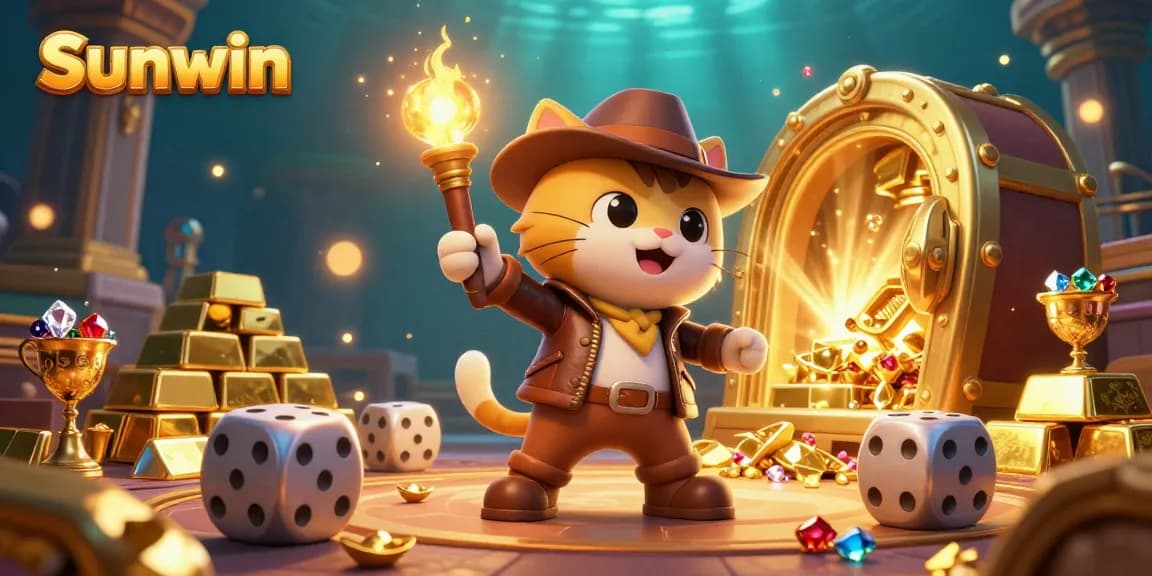 Experience the thrill of Sunwin as the explorer cat uncovers treasures in a vibrant casino illustration.
