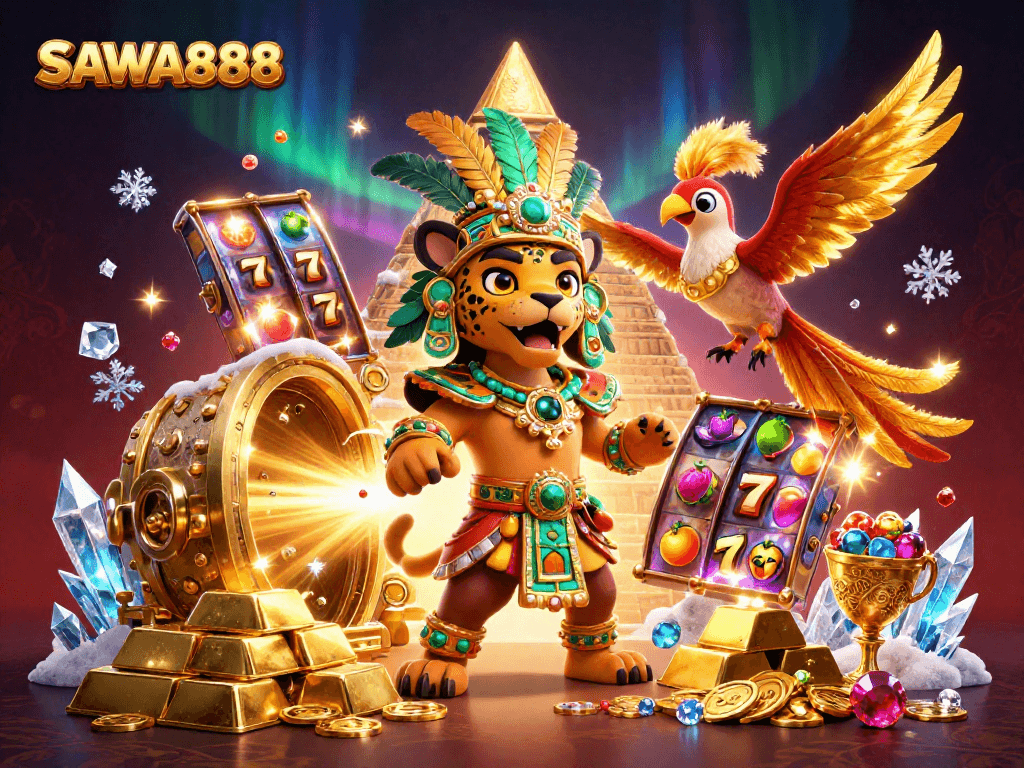 Experience the thrill of SAWA888 with dynamic slot reels and a vibrant Mayan theme.