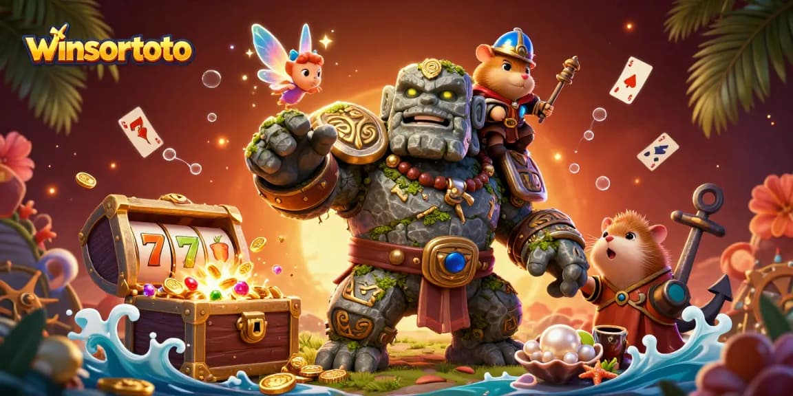 Menang di winsortoto dengan karakter unik dan elemen permainan yang menarik, sertakan simbol jackpot dan chip kasino.