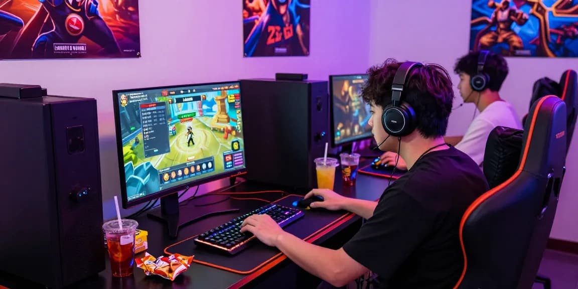 Player immersed in Hello88 online gaming setup with colorful accessories and engaging atmosphere.