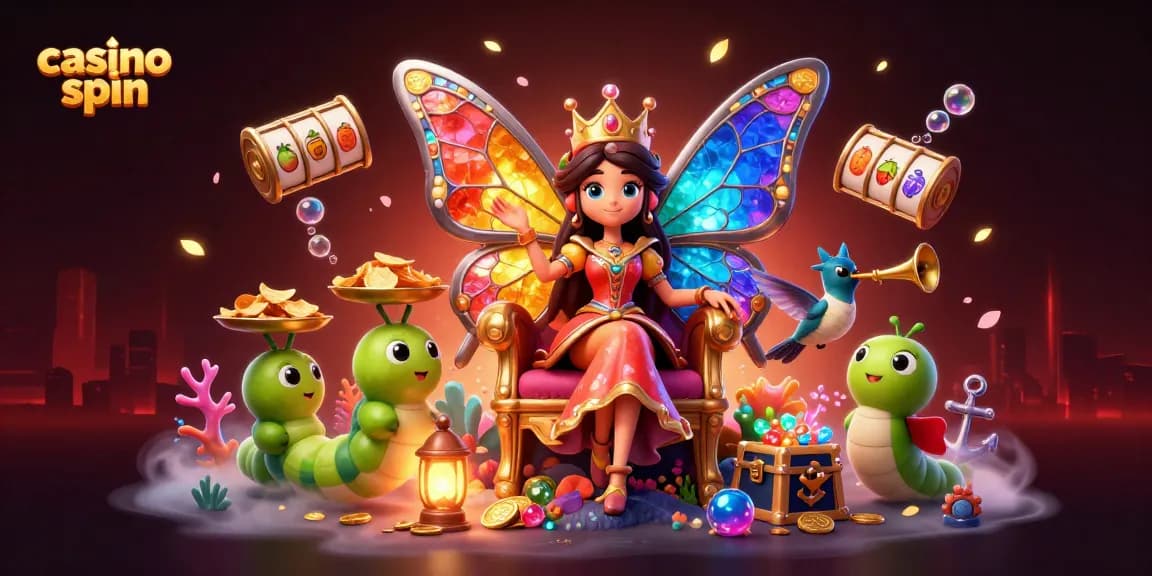 Experience thrilling casino spin adventures with a colorful butterfly queen and vibrant gaming elements.
