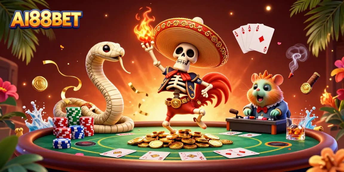 AI88BET features a vibrant carnival scene with a mariachi rooster and poker elements bustling with energy.