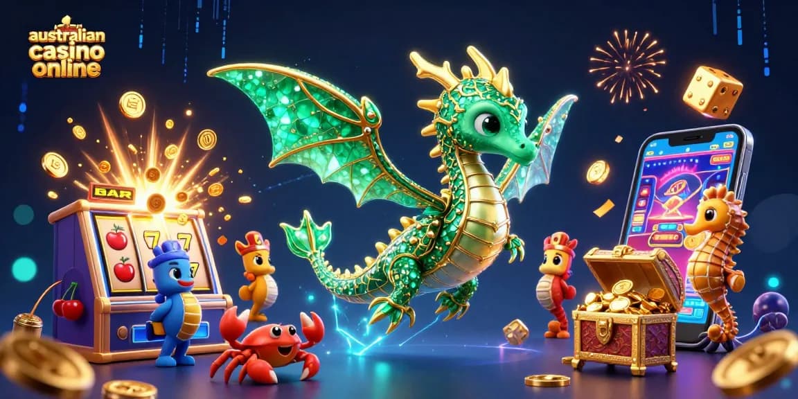 Spin at the vibrant Australian casino online with a lively sea dragon and animated slot elements.