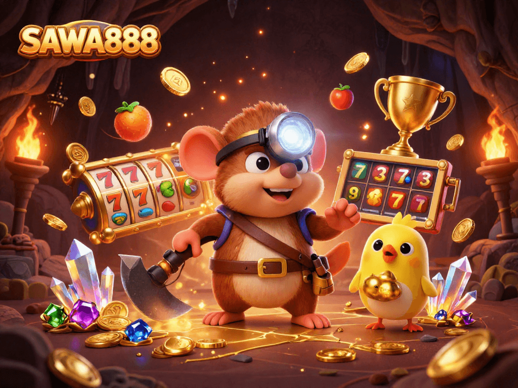 SAWA888 offers dynamic slot gameplay with a treasure hunter exploring golden deposits.