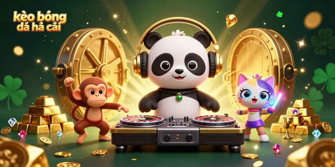 Engage with kèo bóng đá nhà cái through a vibrant 3D scene featuring a DJ panda and colorful characters.
