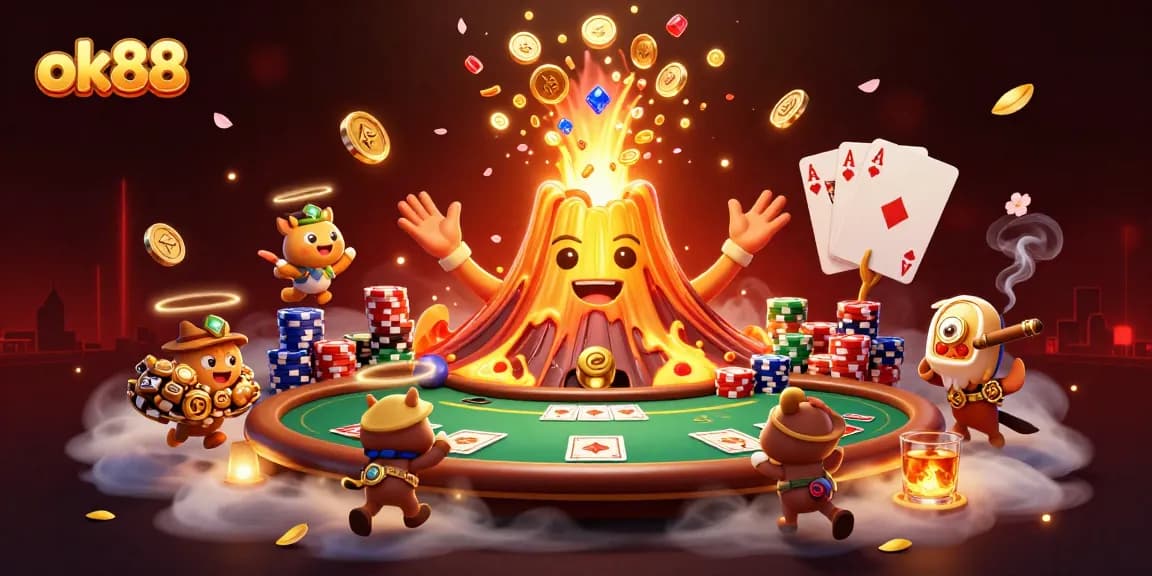 Rock the casino with ok88 featuring a golden volcano and escaping animals, rich in treasure.