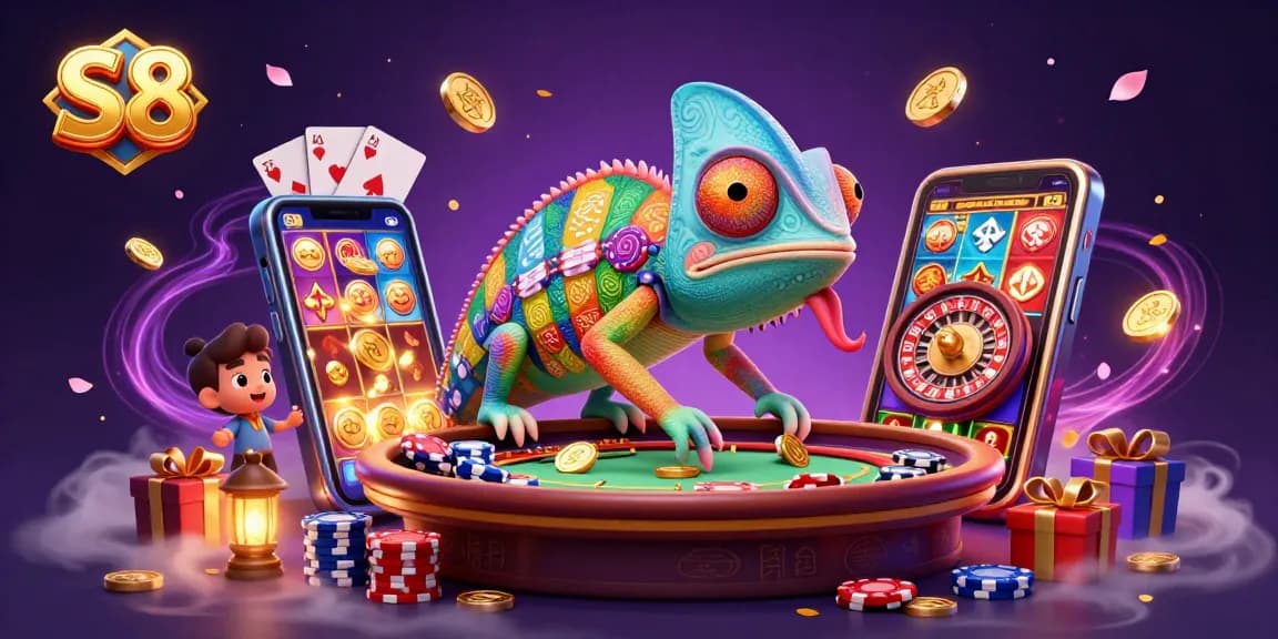 Play lucrative casino games like S8 with vibrant 3D chameleon casino owner and exciting game elements.