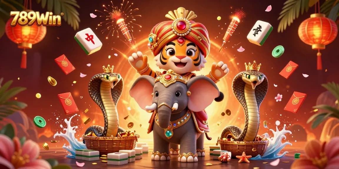 Engaging 789Win scene showcasing a cartoon maharaja tiger and elephant amidst vibrant casino elements.