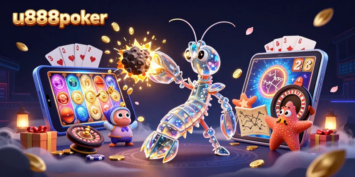 Engage with u888poker's winning strategies and dynamic gaming experience in a vibrant 3D casino scene