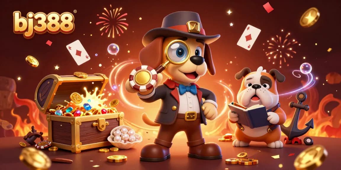 Play and win with bj388 poker chips, gold coins, and festive decorations in a lively casino scene.