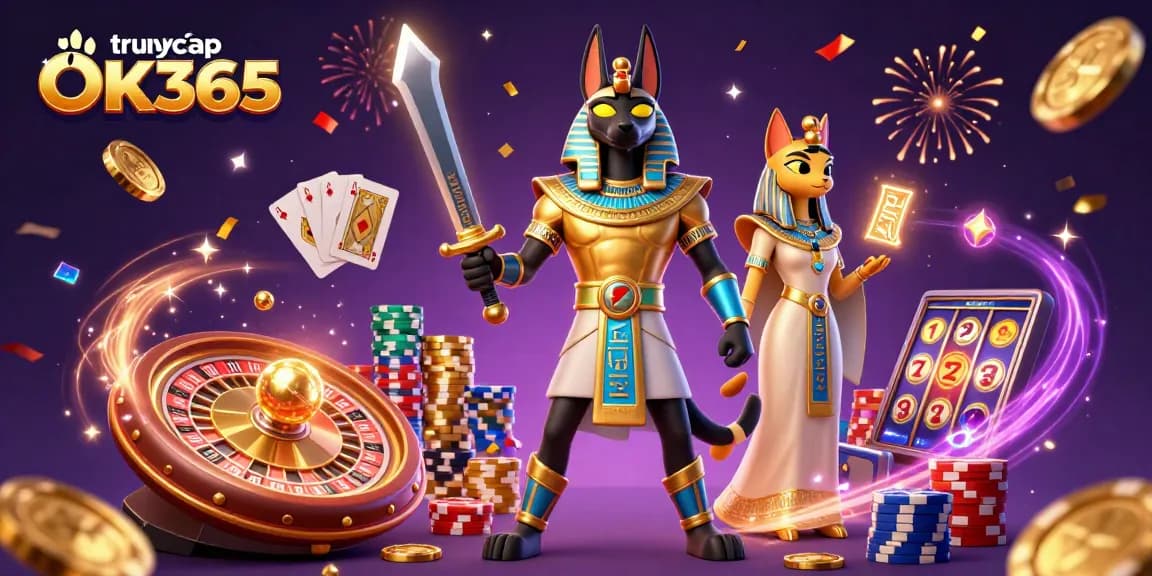 Experience the excitement of gambling with "link truy cập OK365," featuring vibrant characters and Casino elements.