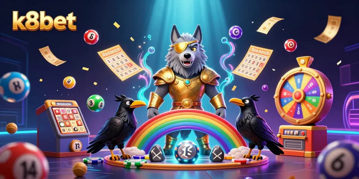 K8bet players enjoying vibrant lottery and casino elements in a dynamic Norse-themed scene