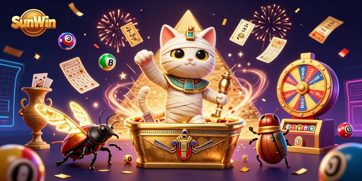 Win big with SunWin as a mummy cat bursts from a jackpot sarcophagus amidst a vibrant casino.