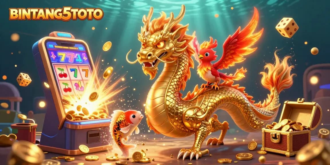 BINTANG5TOTO showcases a thrilling scene with a golden dragon, phoenix, and koi fish amidst explosive jackpots.