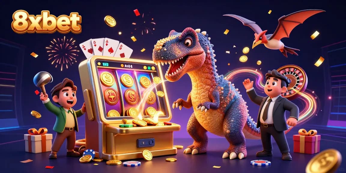 Experience the thrill of 8xbet as a pachycephalosaurus hits a slot machine, coins explode!