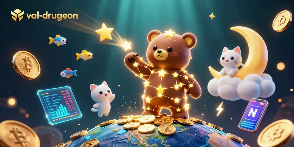 Playing with cryptocurrency slots at val-drugeon with a starry bear collecting coins.