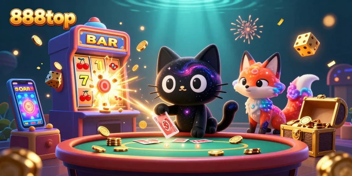 Experience thrilling gaming fun at 888top with a vibrant cosmic casino illustration of a black hole cat and fox amidst captivating slot machines.