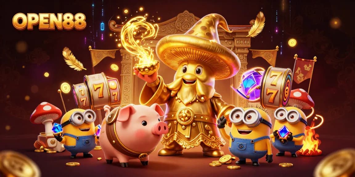 Engage with OPEN88's vibrant 3D casino scene featuring characters conjuring gold and treasures.