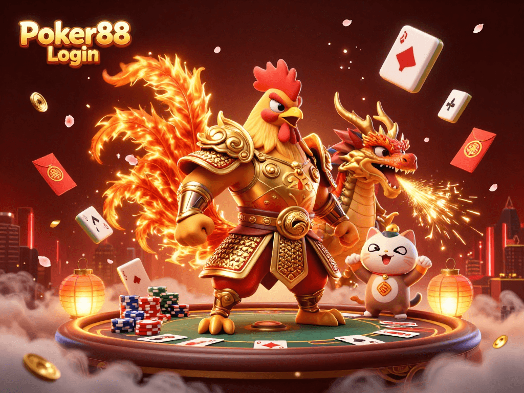 Engage with Poker88 Login at a dynamic poker table surrounded by illustrated casino elements.