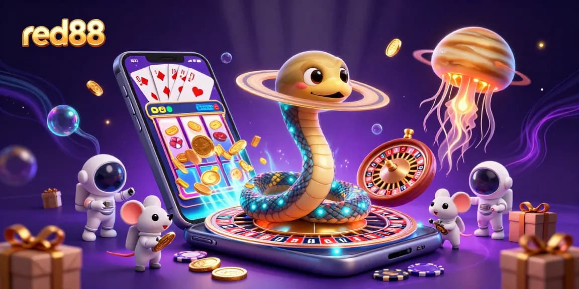 Experience red88 excitement with astronaut mice betting on a cosmic roulette scene.