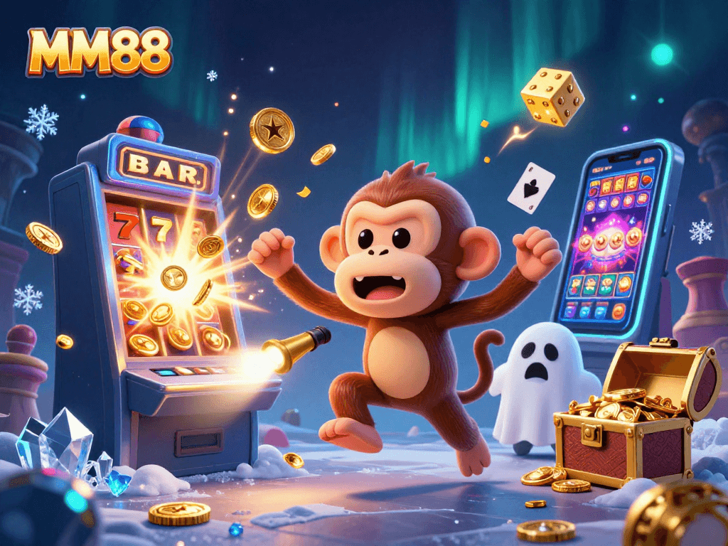 Experience thrilling MM88 gameplay with a mischievous poltergeist monkey and ghost-hunter puppy in a dynamic casino illustration.