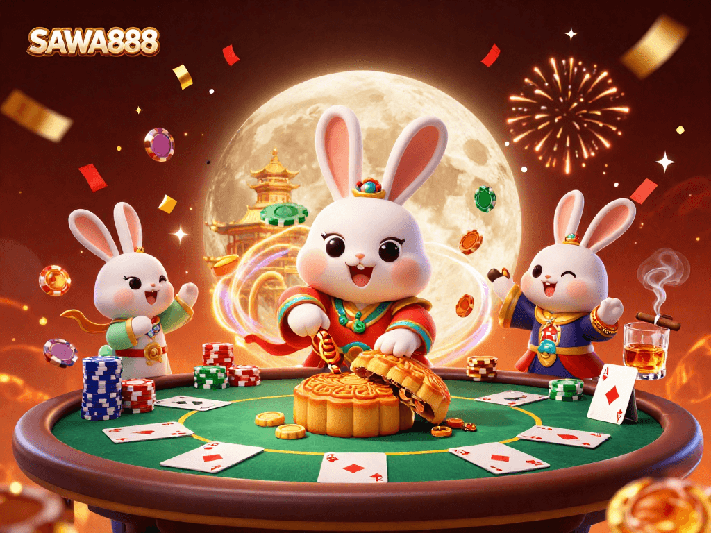 Experience the excitement of SAWA888 with a dynamic 3D illustration featuring vibrant casino elements and engaging characters.