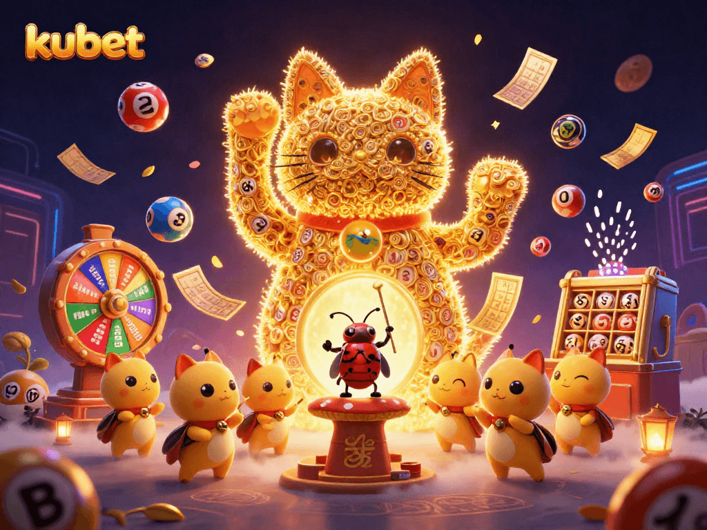 Enhance your kubet gaming experience with a vibrant, lucky cat illustration showcasing rich casino elements.