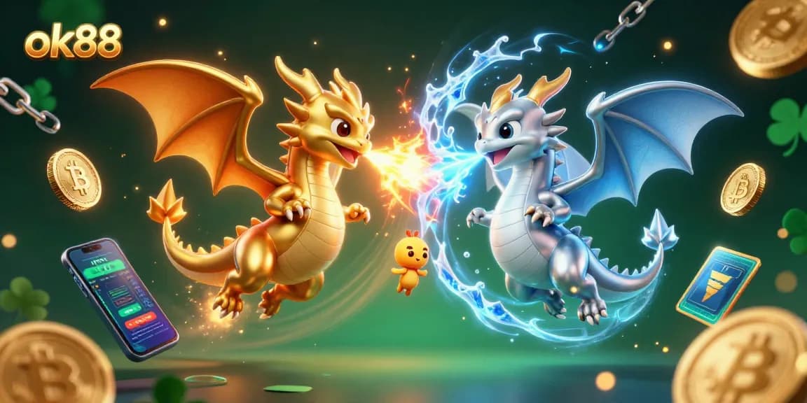 Experience thrilling crypto gameplay with ok88, featuring gold and silver dragons amidst vibrant casino elements.