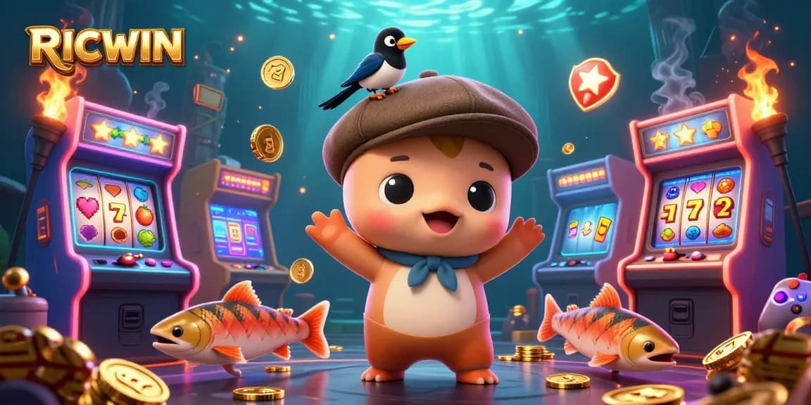 Experience RICWIN with a vibrant scene of 3D cartoon characters in an exciting casino-themed illustration.